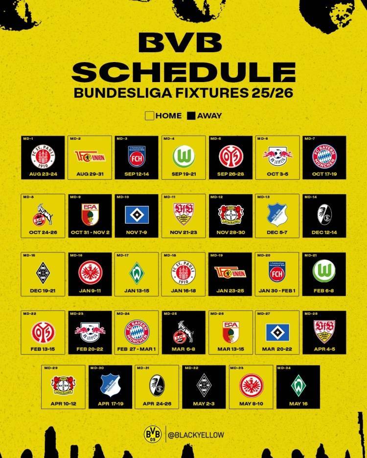 多特新赛季德甲赛程：首轮客战圣保利圣保利，10月中旬对阵拜仁