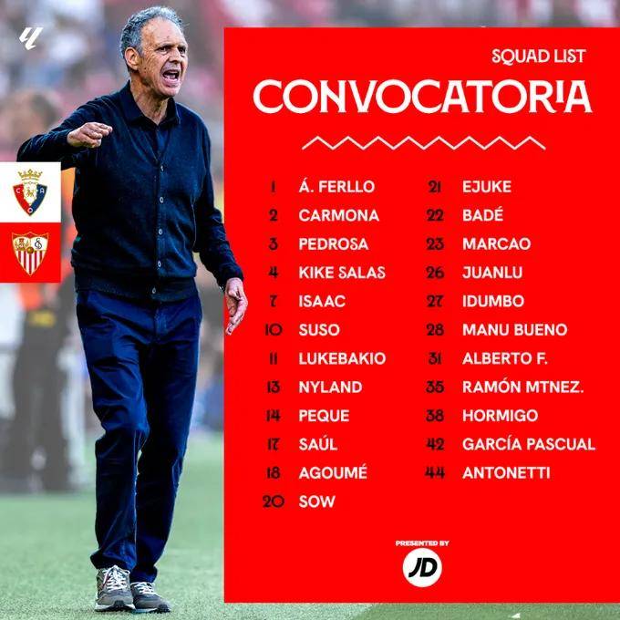 奥萨苏纳vs塞维利亚：奥萨苏纳主力中场倦勤奥萨苏纳，塞维利亚换帅如换刀？